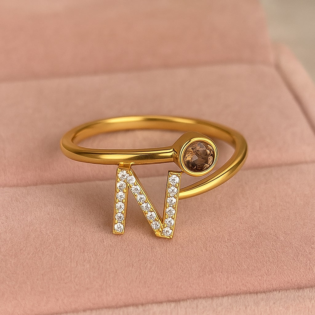 Smoky Quartz 0.10 Ct Round Initial "N" Ring - 14K Yellow Gold