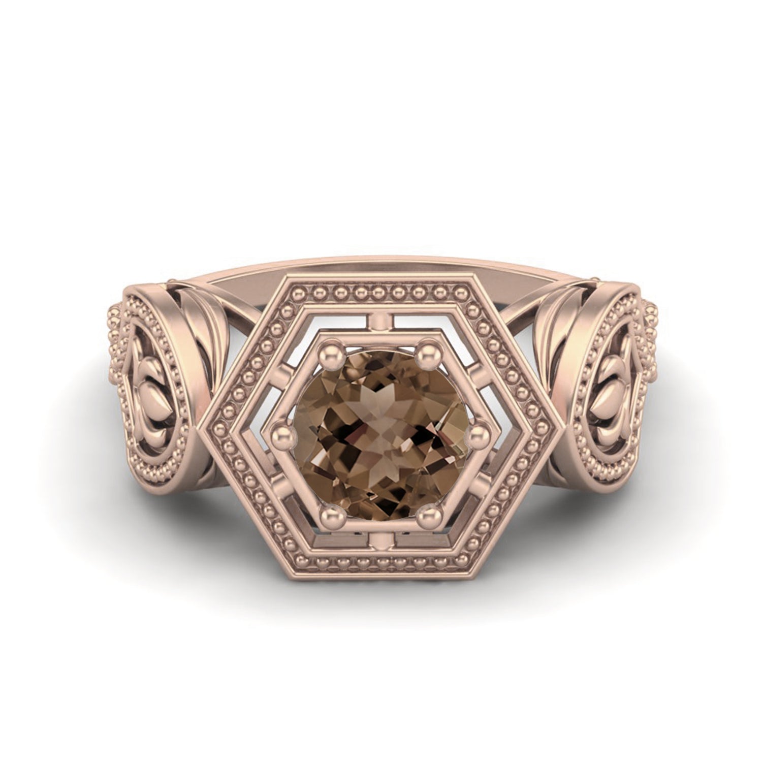 Smoky Quartz 0.75 Ct Round Hexagon Vintage Ring – 14K Yellow Gold