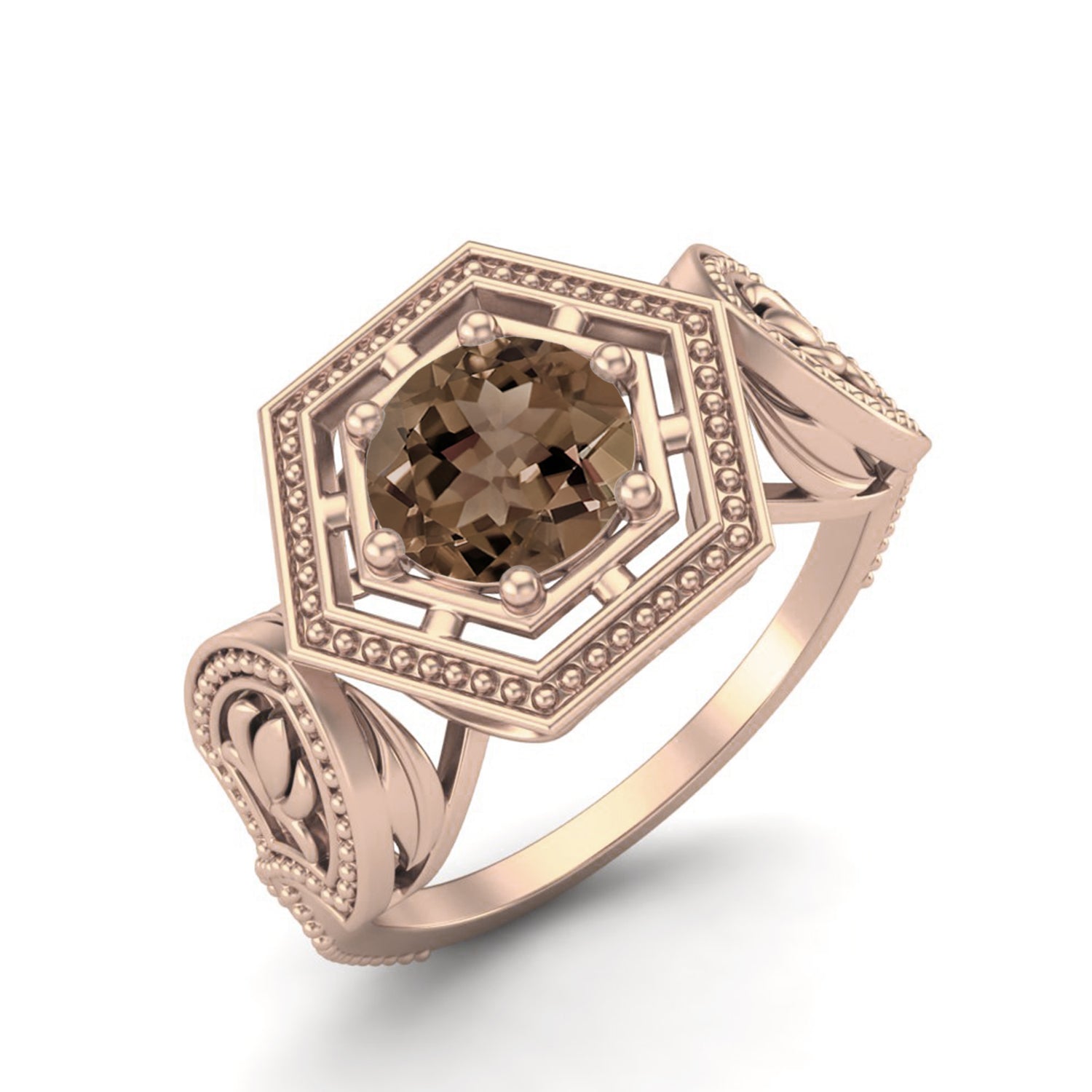 Smoky Quartz 0.75 Ct Round Hexagon Vintage Ring – 14K Yellow Gold