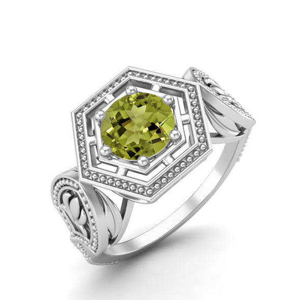 6MM Peridot Gemstone Ring 925 Sterling Silver Solitaire Hexagon Shape Geometric Wedding Ring