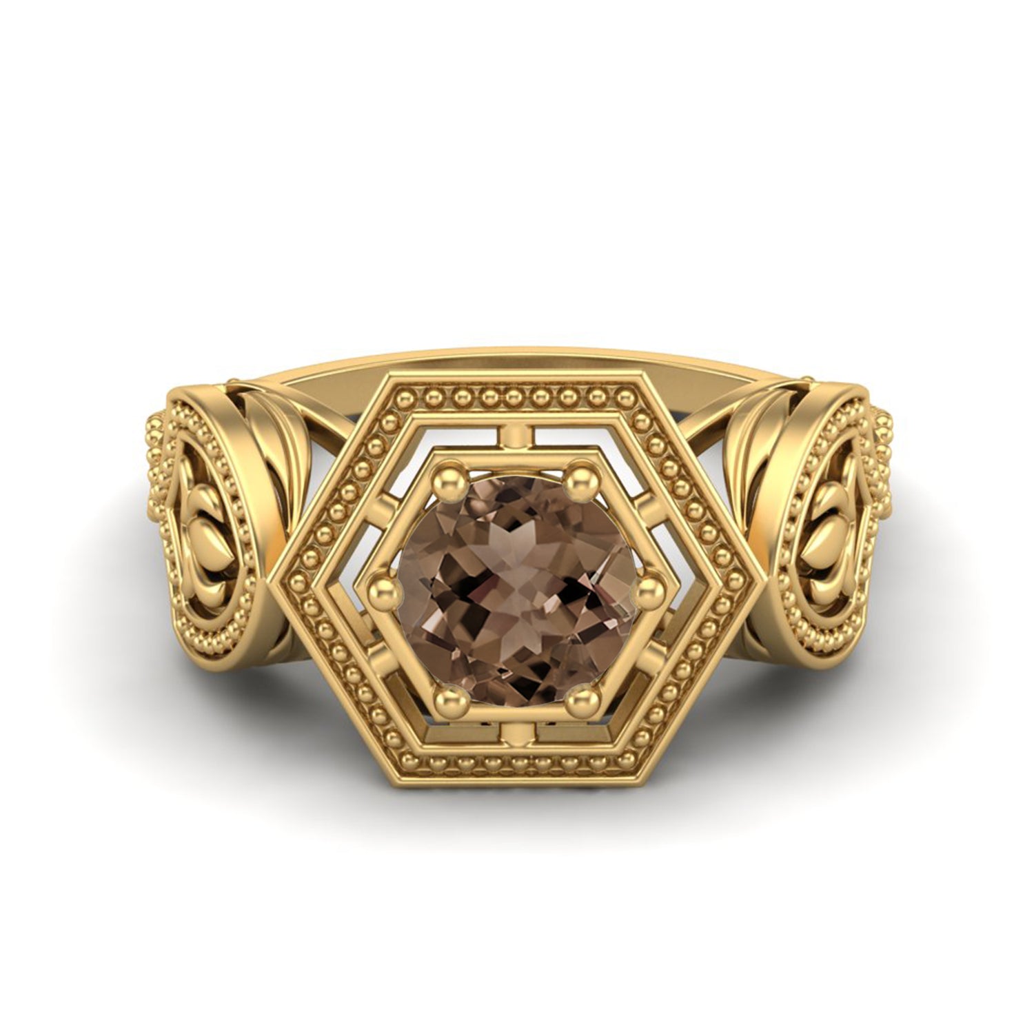 Smoky Quartz 0.75 Ct Round Hexagon Vintage Ring – 14K Yellow Gold
