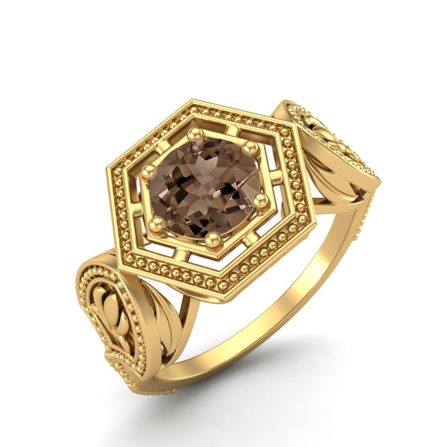 Smoky Quartz 0.75 Ct Round Hexagon Vintage Ring – 14K Yellow Gold