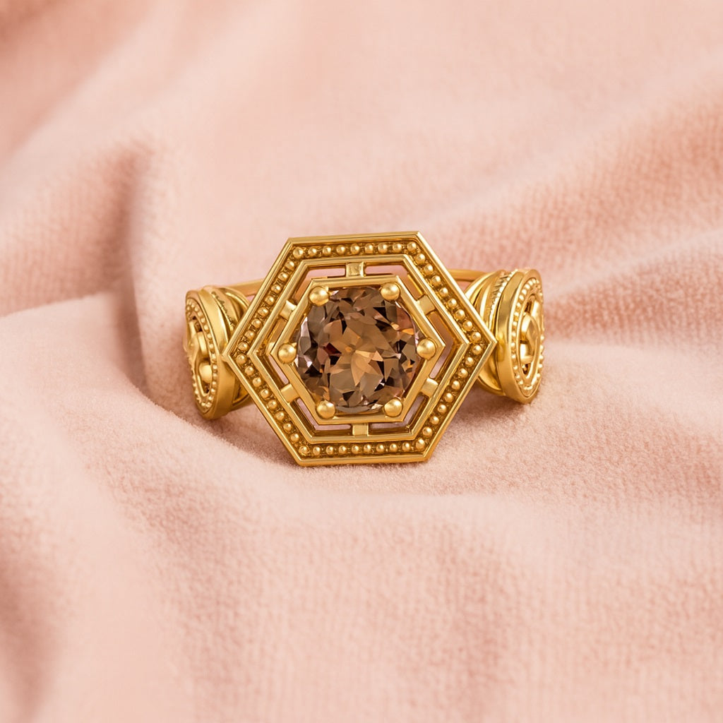 Smoky Quartz 0.75 Ct Round Hexagon Vintage Ring – 14K Yellow Gold
