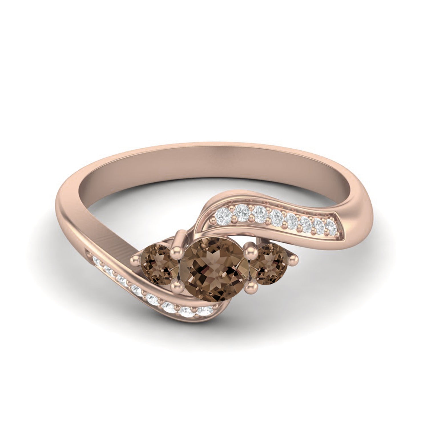 Smoky Quartz 0.45 Ct Round Triple Stone Swirl Ring - 14K Yellow Gold