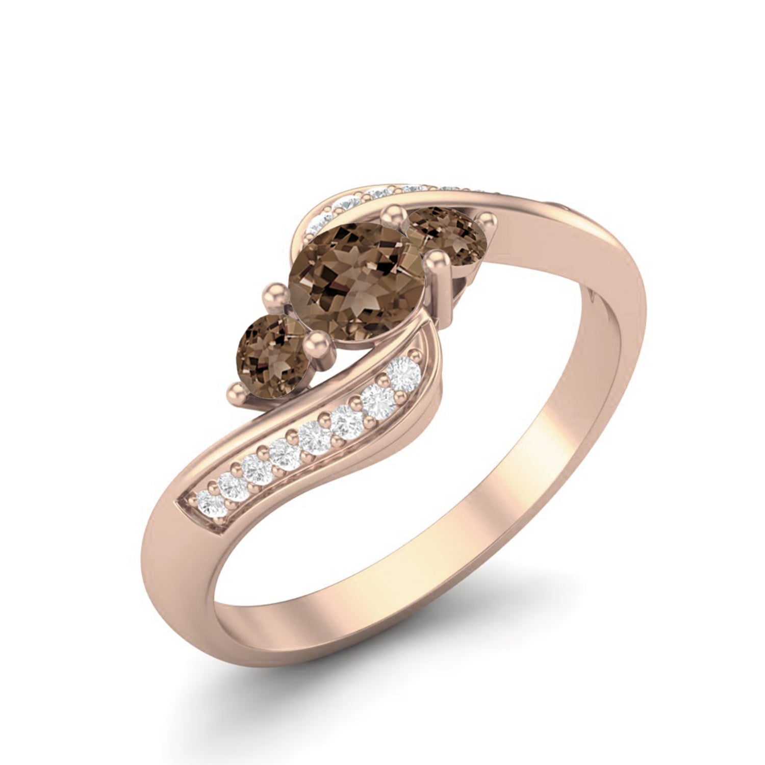 Smoky Quartz 0.45 Ct Round Triple Stone Swirl Ring - 14K Yellow Gold