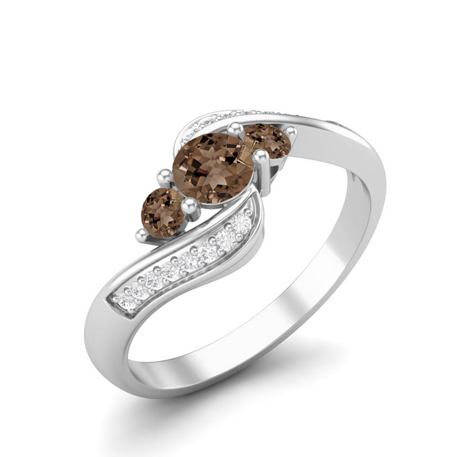 Smoky Quartz 0.45 Ct Round Triple Stone Swirl Ring - 14K Yellow Gold