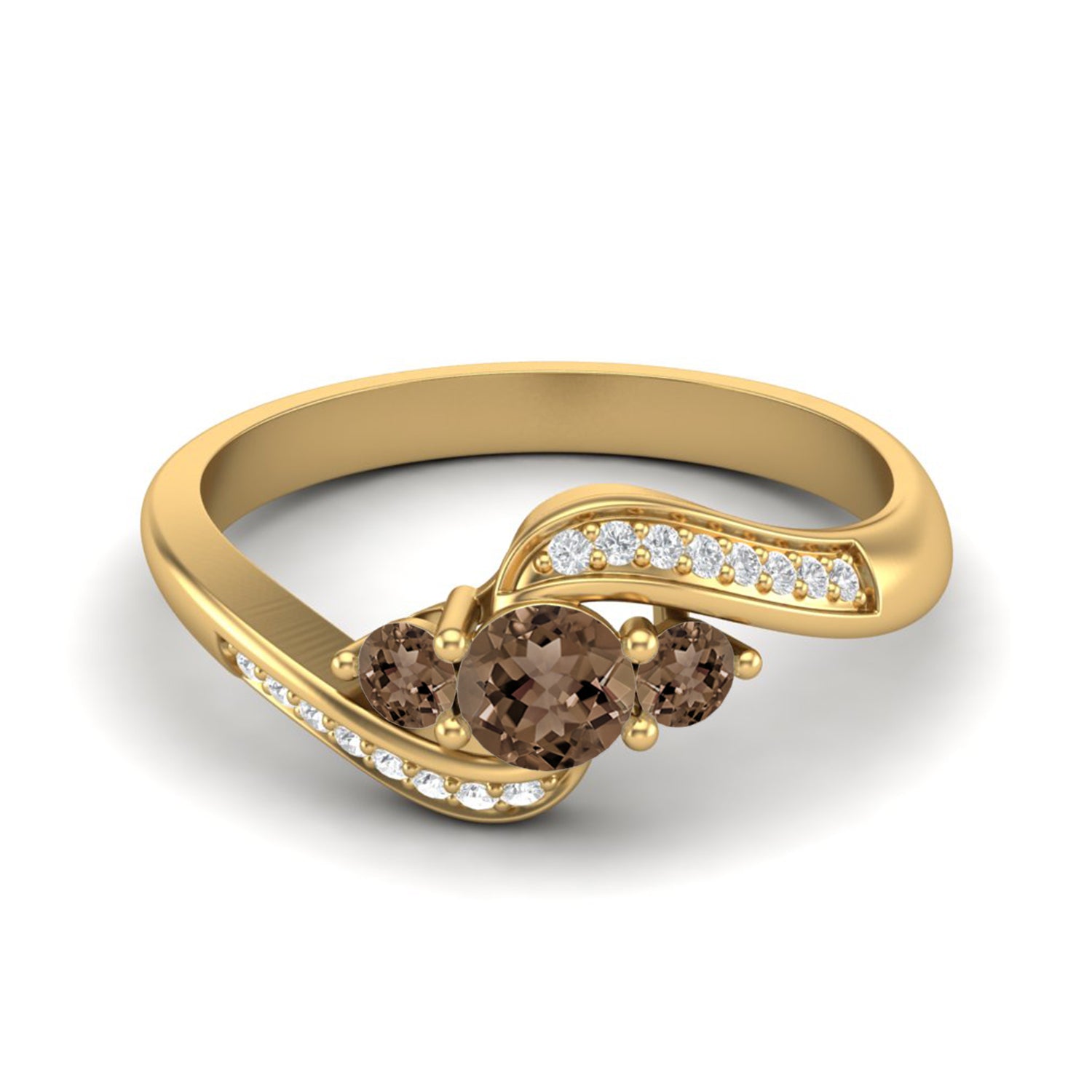 Smoky Quartz 0.45 Ct Round Triple Stone Swirl Ring - 14K Yellow Gold
