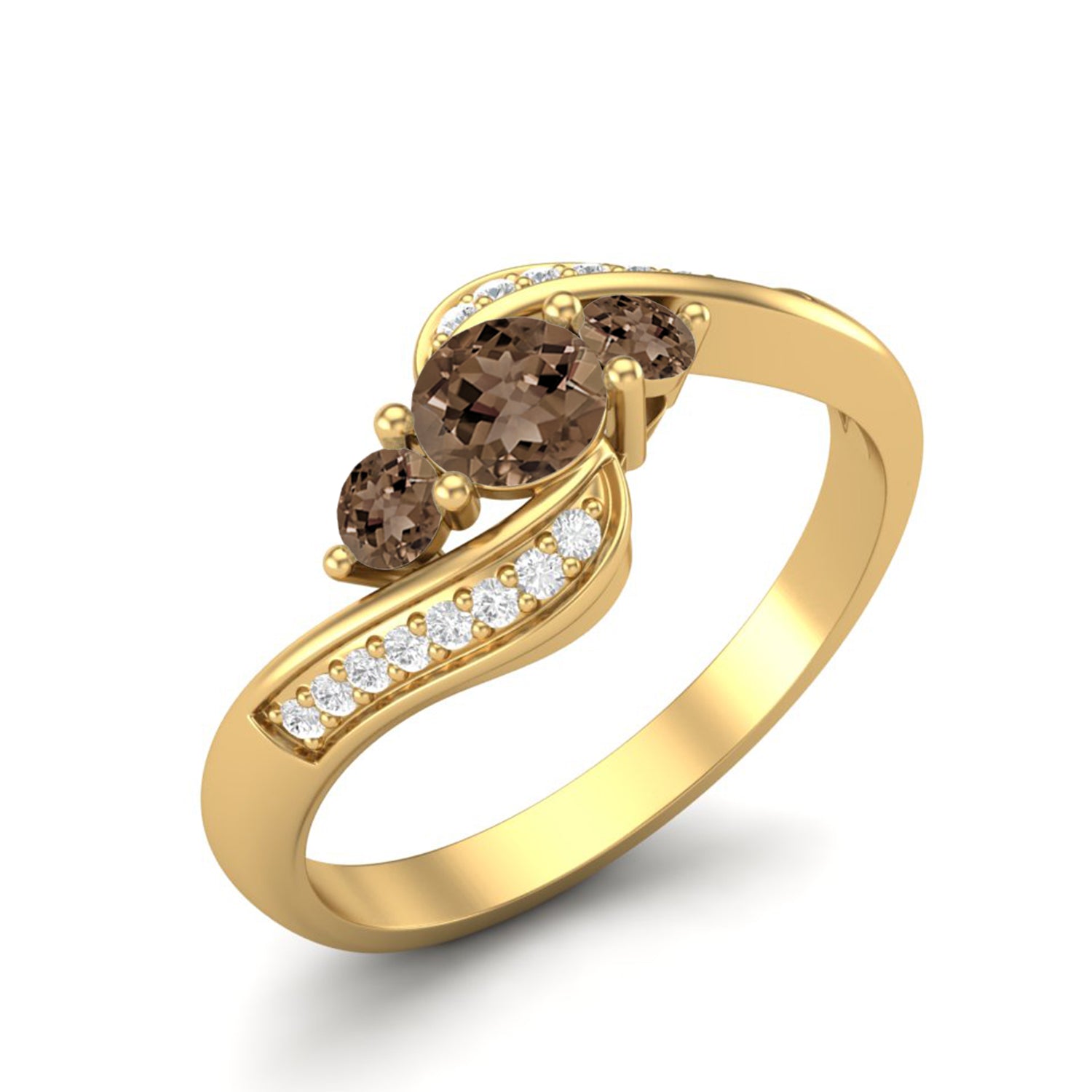 Smoky Quartz 0.45 Ct Round Triple Stone Swirl Ring - 14K Yellow Gold