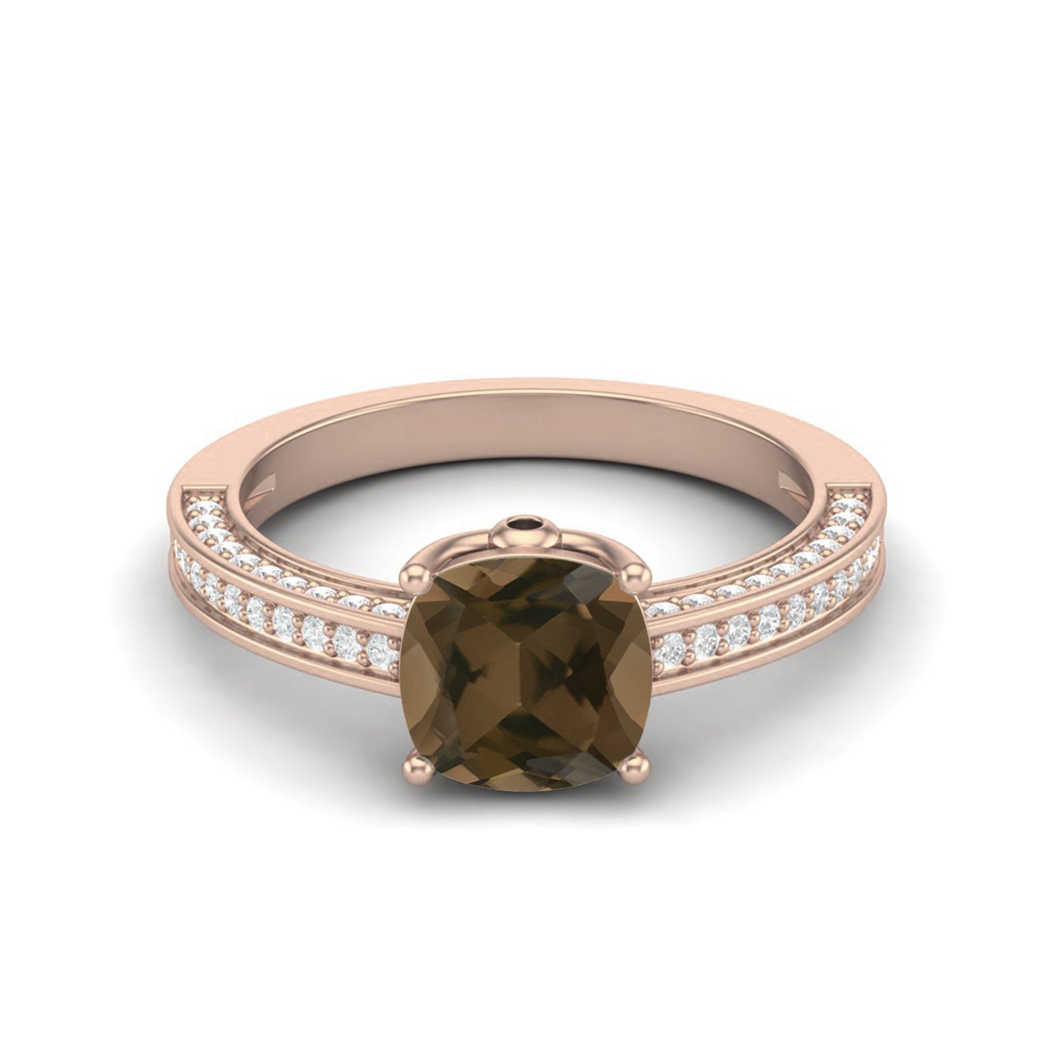 Smoky Quartz 2.05 Ct Cushion Pavé Split Shank Ring – 14K Yellow Gold