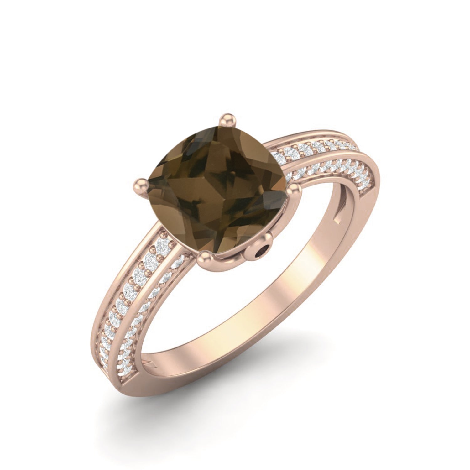Smoky Quartz 2.05 Ct Cushion Pavé Split Shank Ring – 14K Yellow Gold