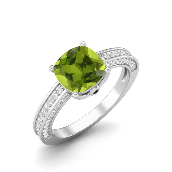 Cushion Shaped Green Peridot Wedding Ring 925 Sterling Silver Solitaire Engagement Ring