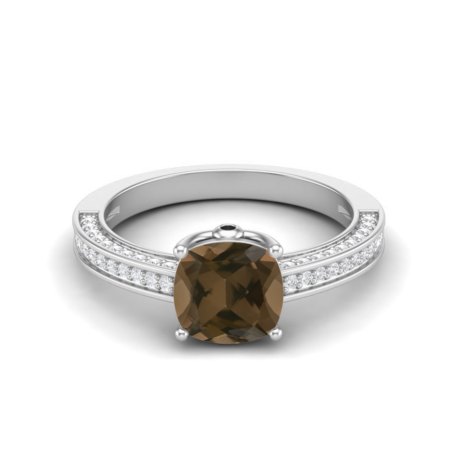 Smoky Quartz 2.05 Ct Cushion Pavé Split Shank Ring – 14K Yellow Gold