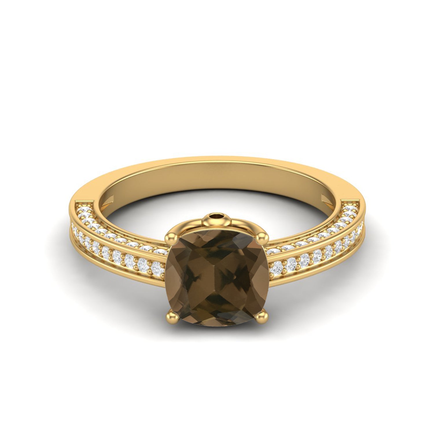 Smoky Quartz 2.05 Ct Cushion Pavé Split Shank Ring – 14K Yellow Gold