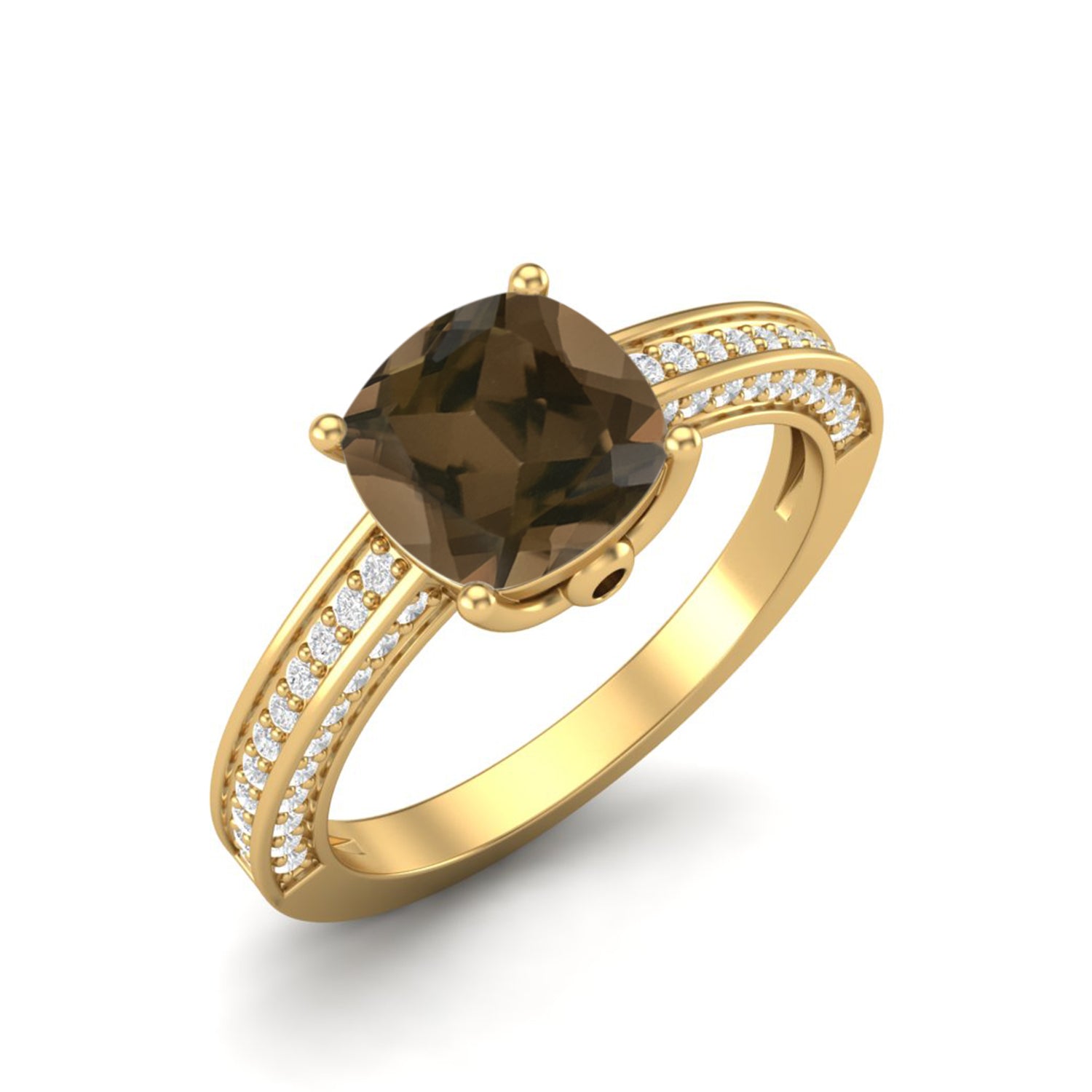 Smoky Quartz 2.05 Ct Cushion Pavé Split Shank Ring – 14K Yellow Gold