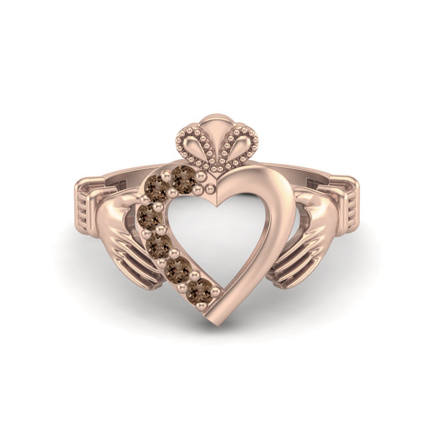 Smoky Quartz 0.60 Ct Round Claddagh Heart Design Ring – 14K Yellow Gold
