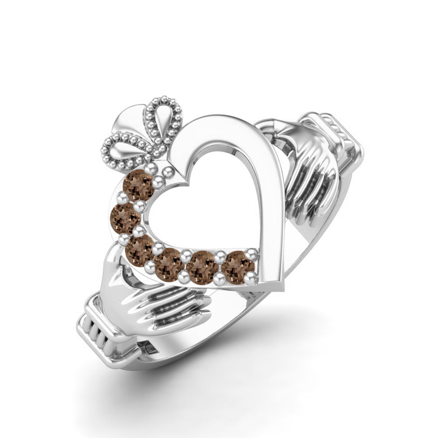 Smoky Quartz 0.60 Ct Round Claddagh Heart Design Ring – 14K Yellow Gold
