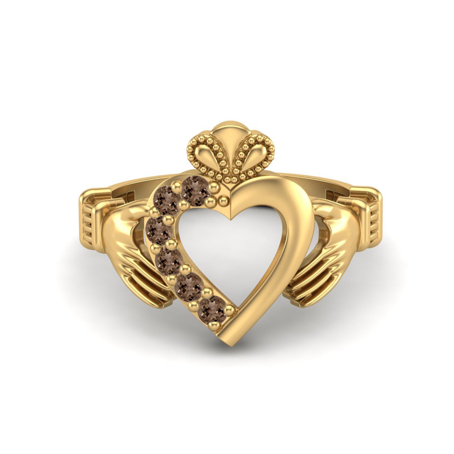 Smoky Quartz 0.60 Ct Round Claddagh Heart Design Ring – 14K Yellow Gold