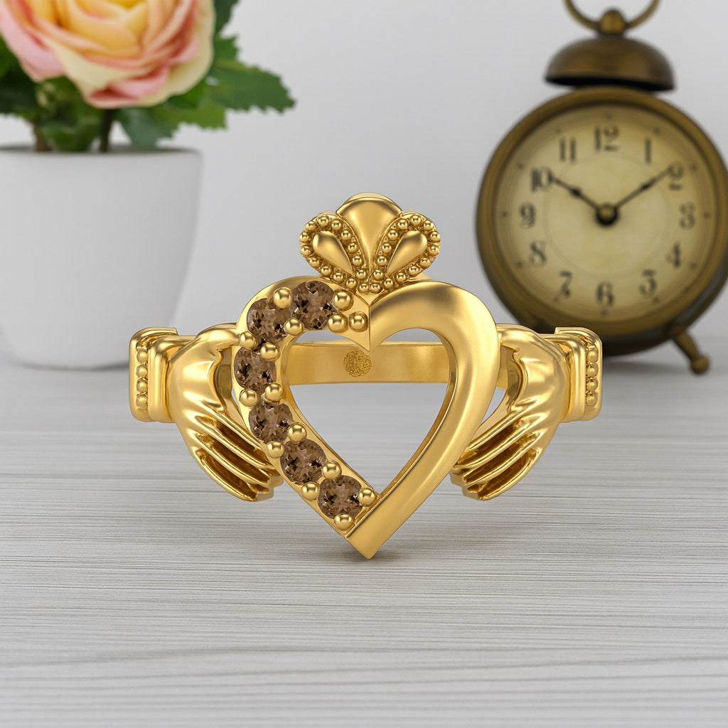 Smoky Quartz 0.60 Ct Round Claddagh Heart Design Ring – 14K Yellow Gold