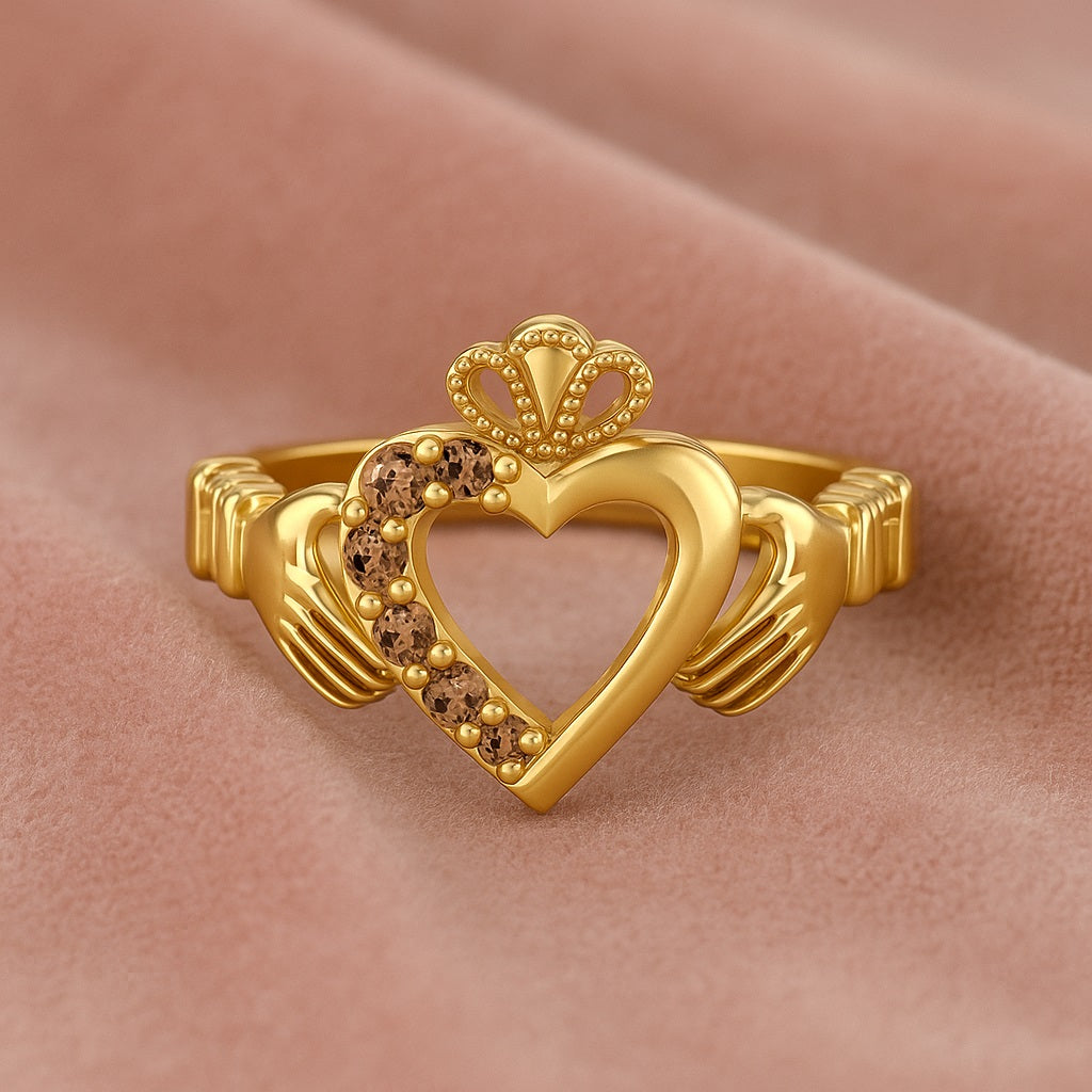 Smoky Quartz 0.60 Ct Round Claddagh Heart Design Ring – 14K Yellow Gold