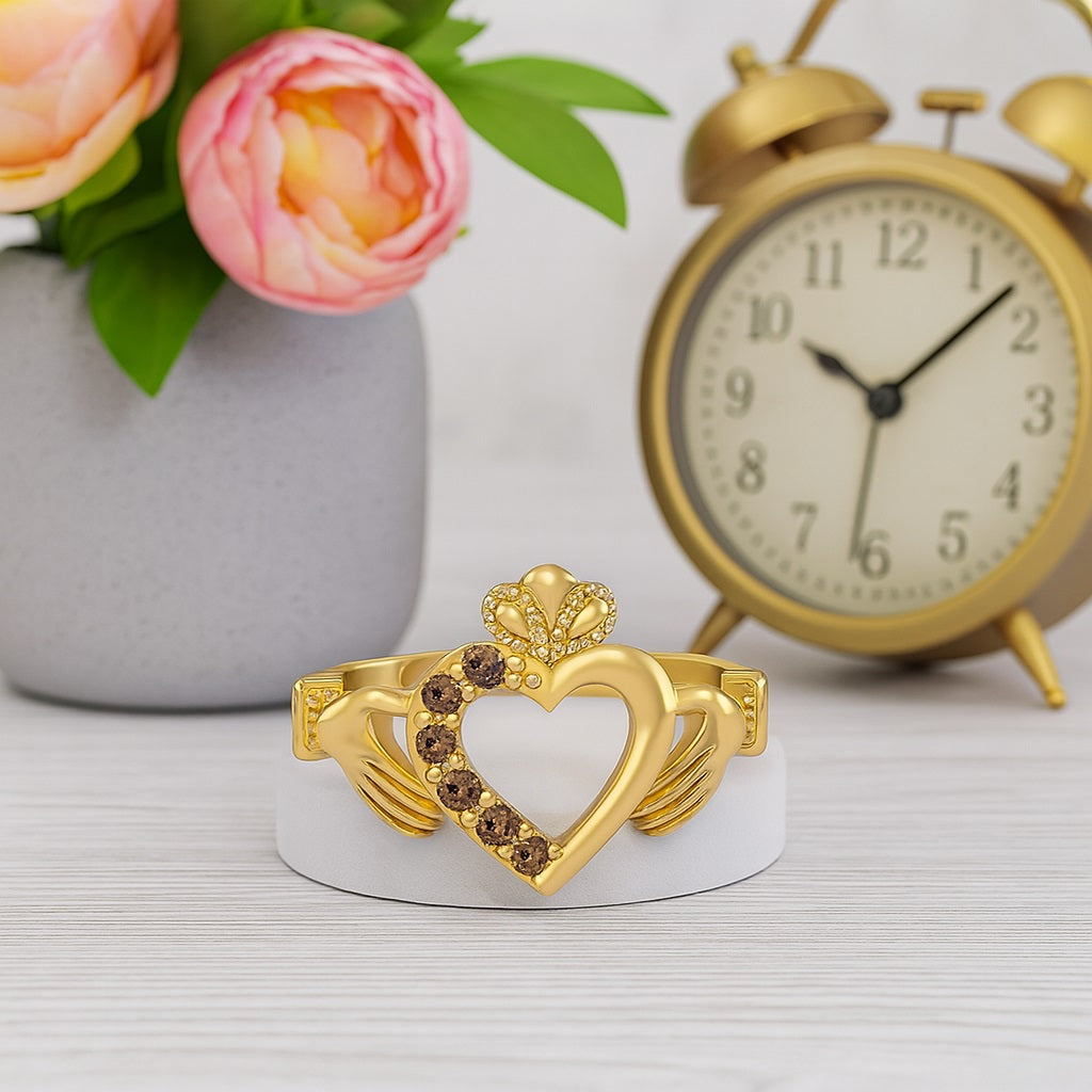 Smoky Quartz 0.60 Ct Round Claddagh Heart Design Ring – 14K Yellow Gold