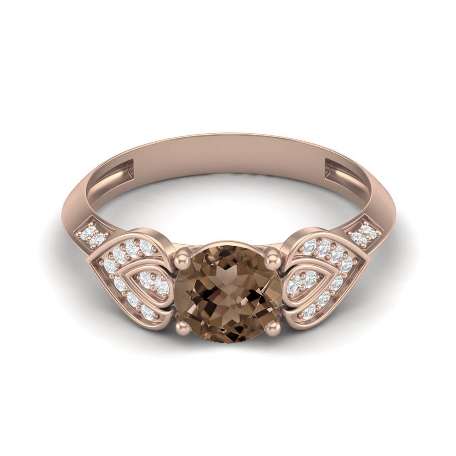 Smoky Quartz 0.75 Ct Round Vintage Leaf Ring – 14K Yellow Gold