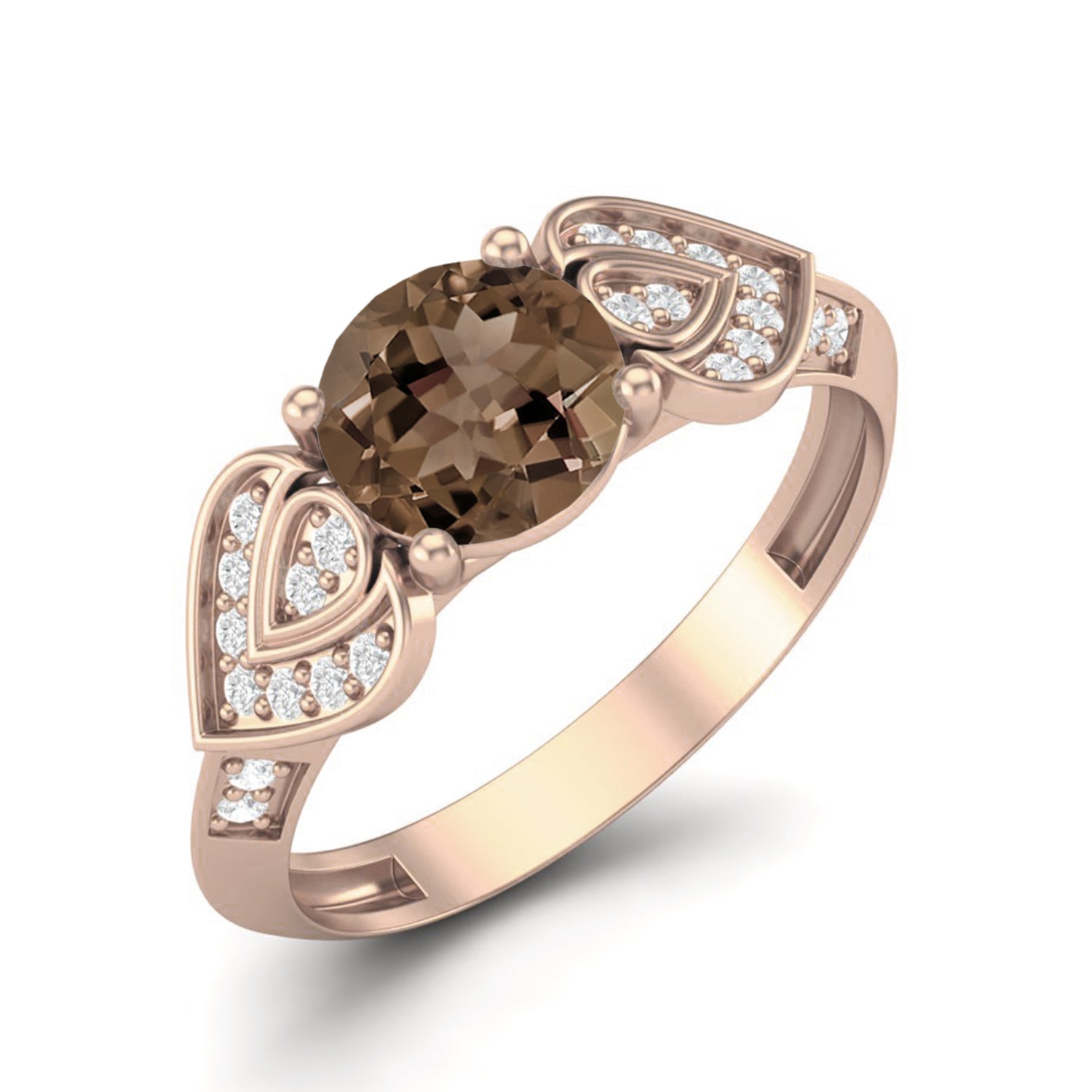 Smoky Quartz 0.75 Ct Round Vintage Leaf Ring – 14K Yellow Gold
