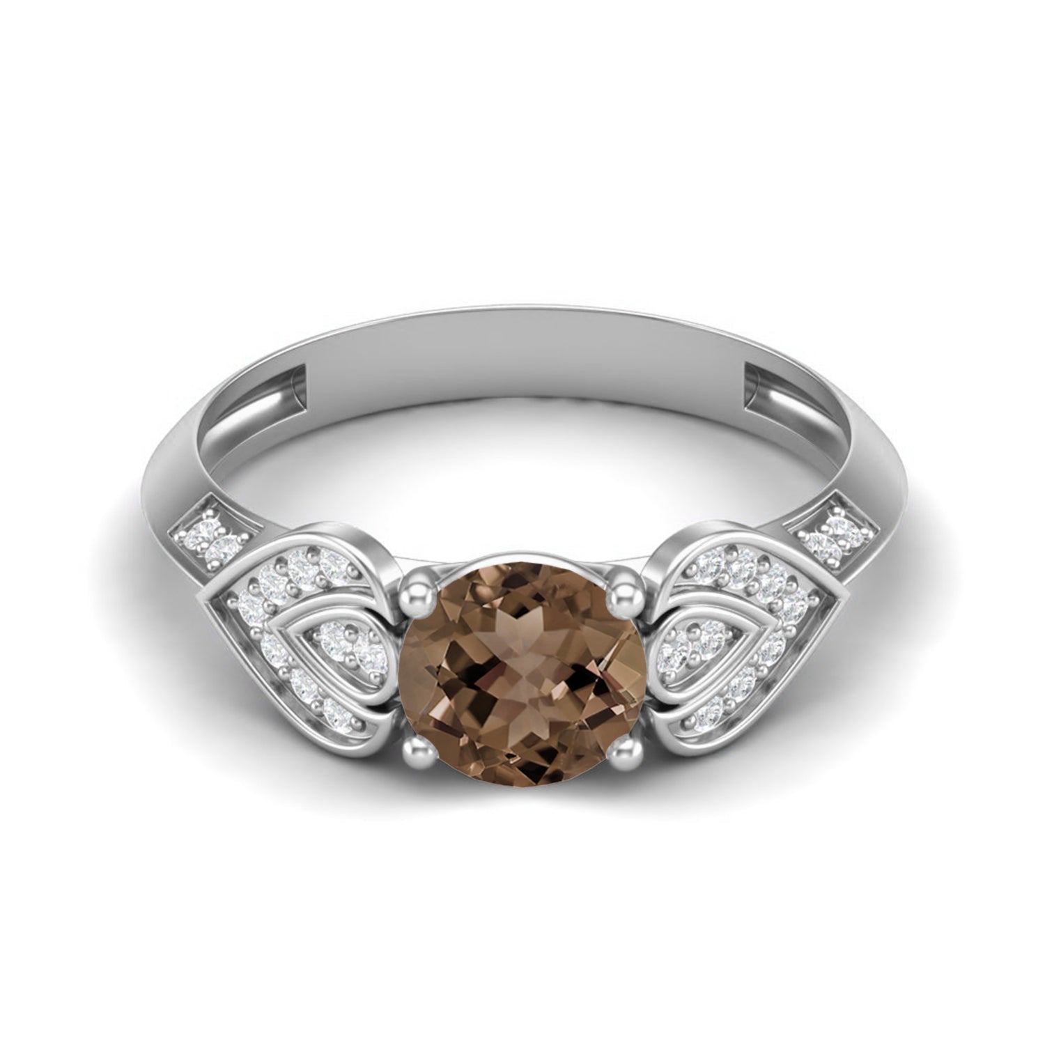 Smoky Quartz 0.75 Ct Round Vintage Leaf Ring – 14K Yellow Gold
