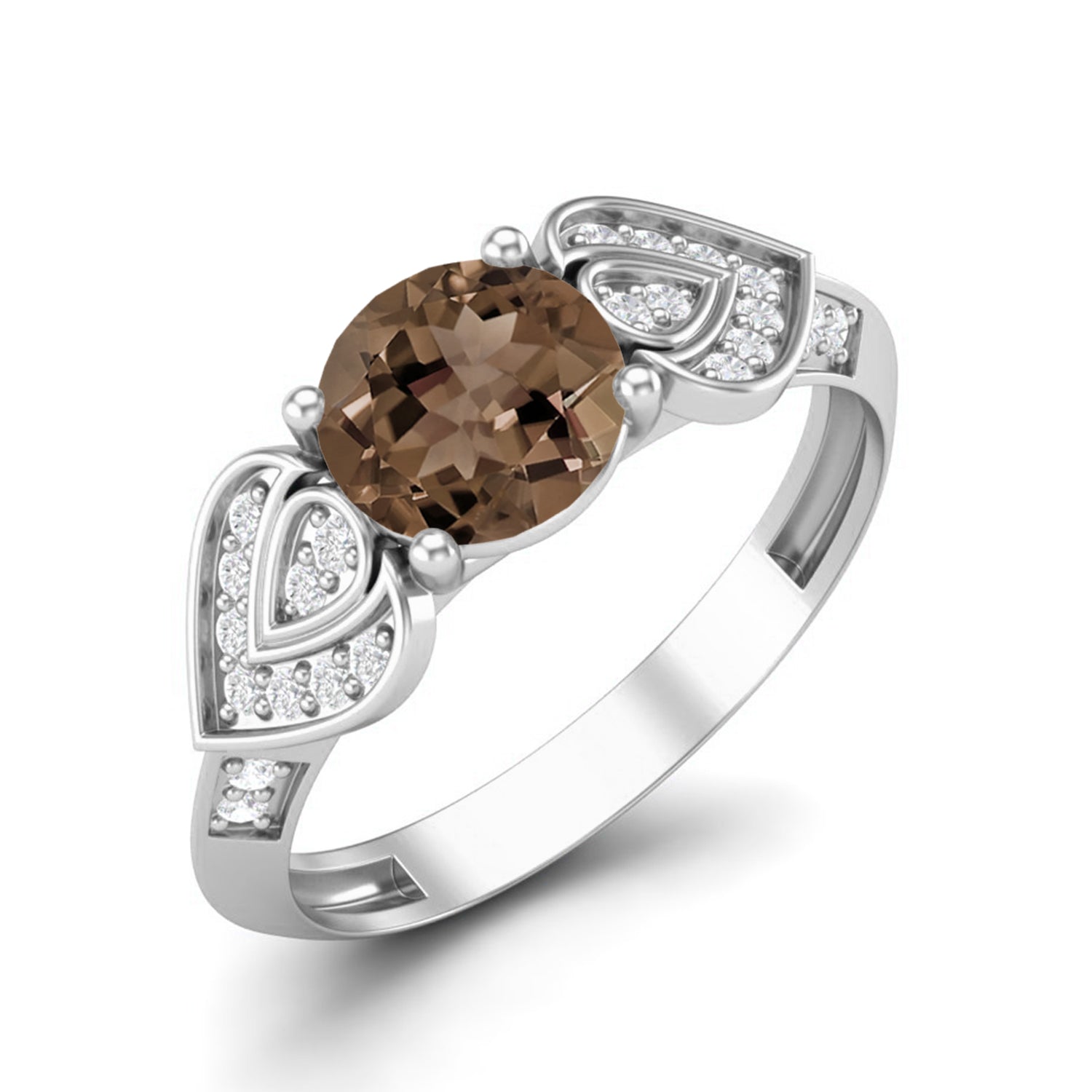 Smoky Quartz 0.75 Ct Round Vintage Leaf Ring – 14K Yellow Gold