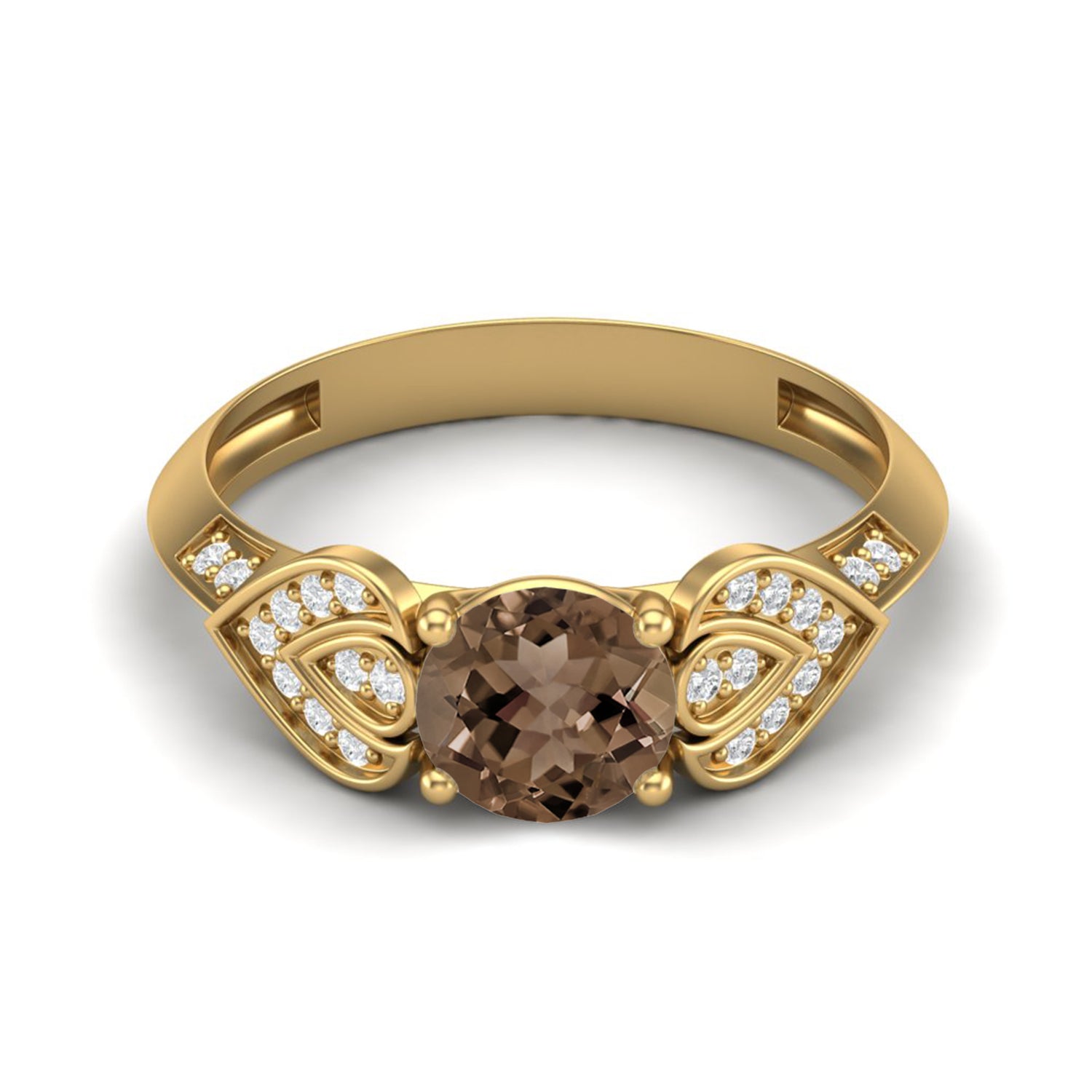 Smoky Quartz 0.75 Ct Round Vintage Leaf Ring – 14K Yellow Gold