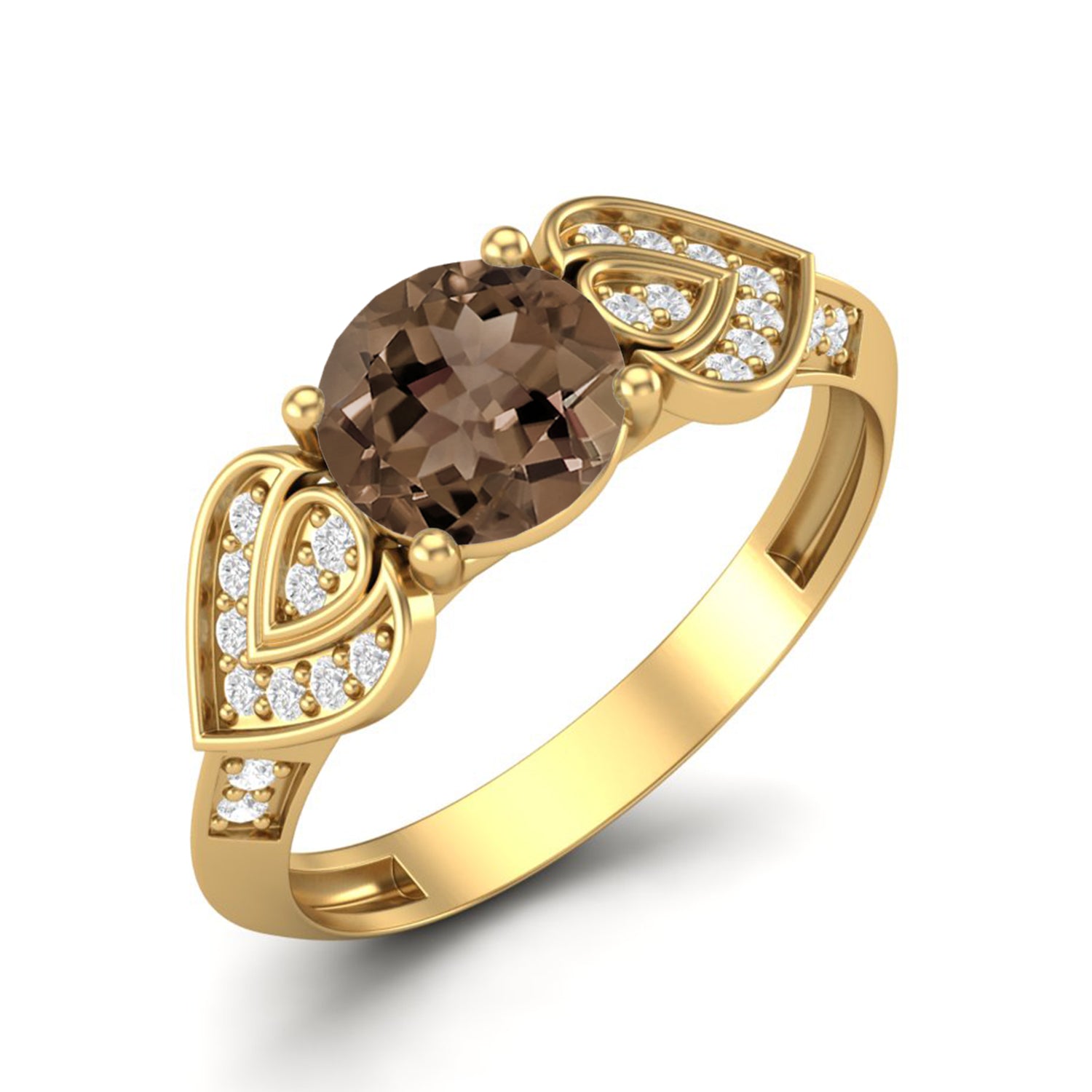 Smoky Quartz 0.75 Ct Round Vintage Leaf Ring – 14K Yellow Gold