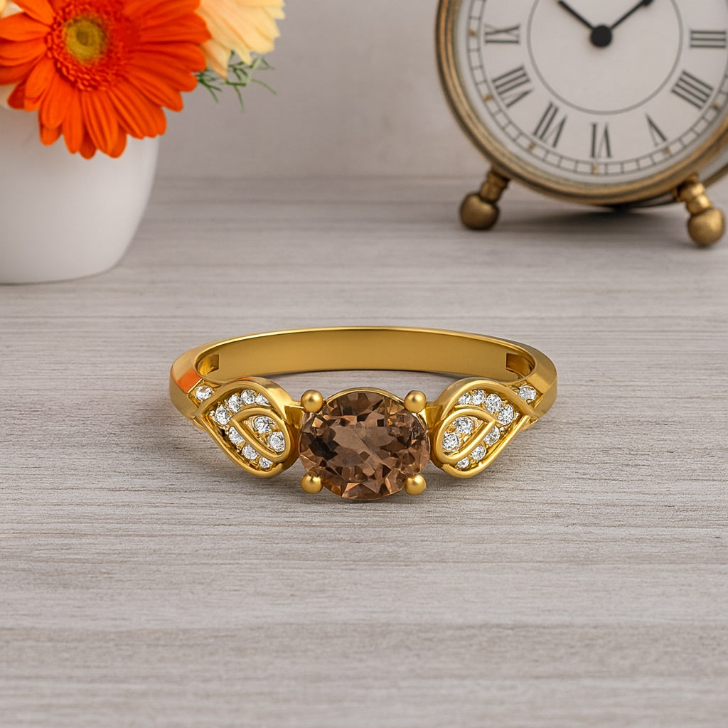 Smoky Quartz 0.75 Ct Round Vintage Leaf Ring – 14K Yellow Gold