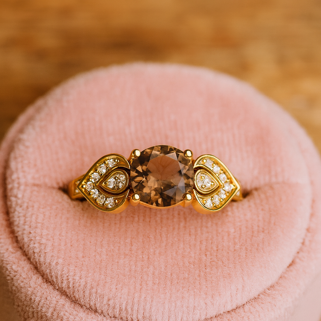 Smoky Quartz 0.75 Ct Round Vintage Leaf Ring – 14K Yellow Gold