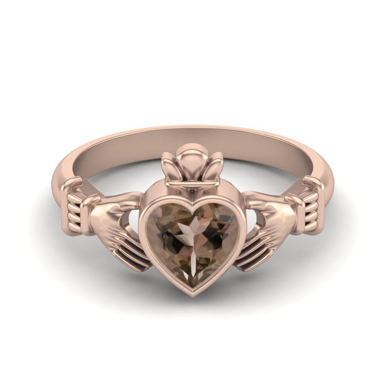Smoky Quartz 0.75 Ct Heart Shape Claddagh Design Ring – 14K Yellow Gold