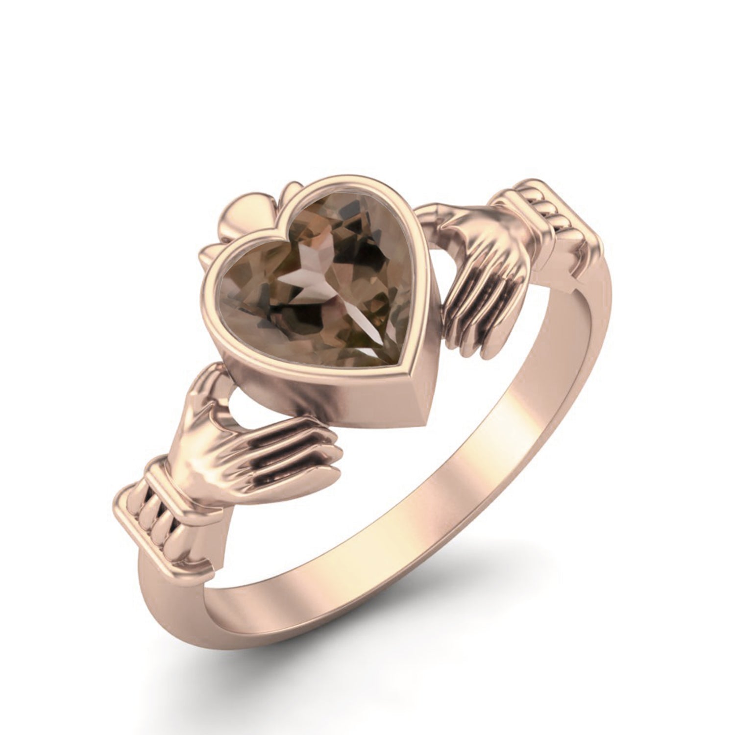 Smoky Quartz 0.75 Ct Heart Shape Claddagh Design Ring – 14K Yellow Gold