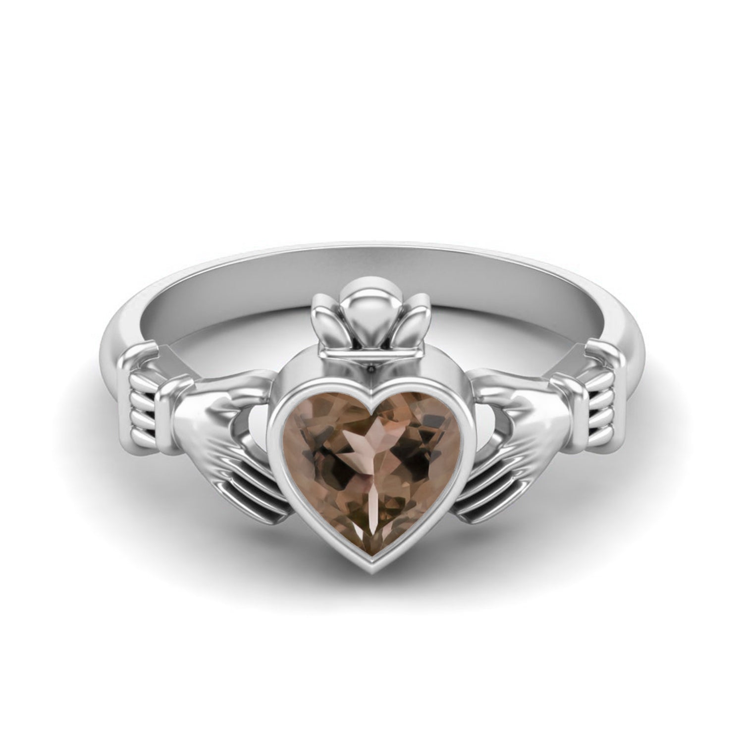 Smoky Quartz 0.75 Ct Heart Shape Claddagh Design Ring – 14K Yellow Gold