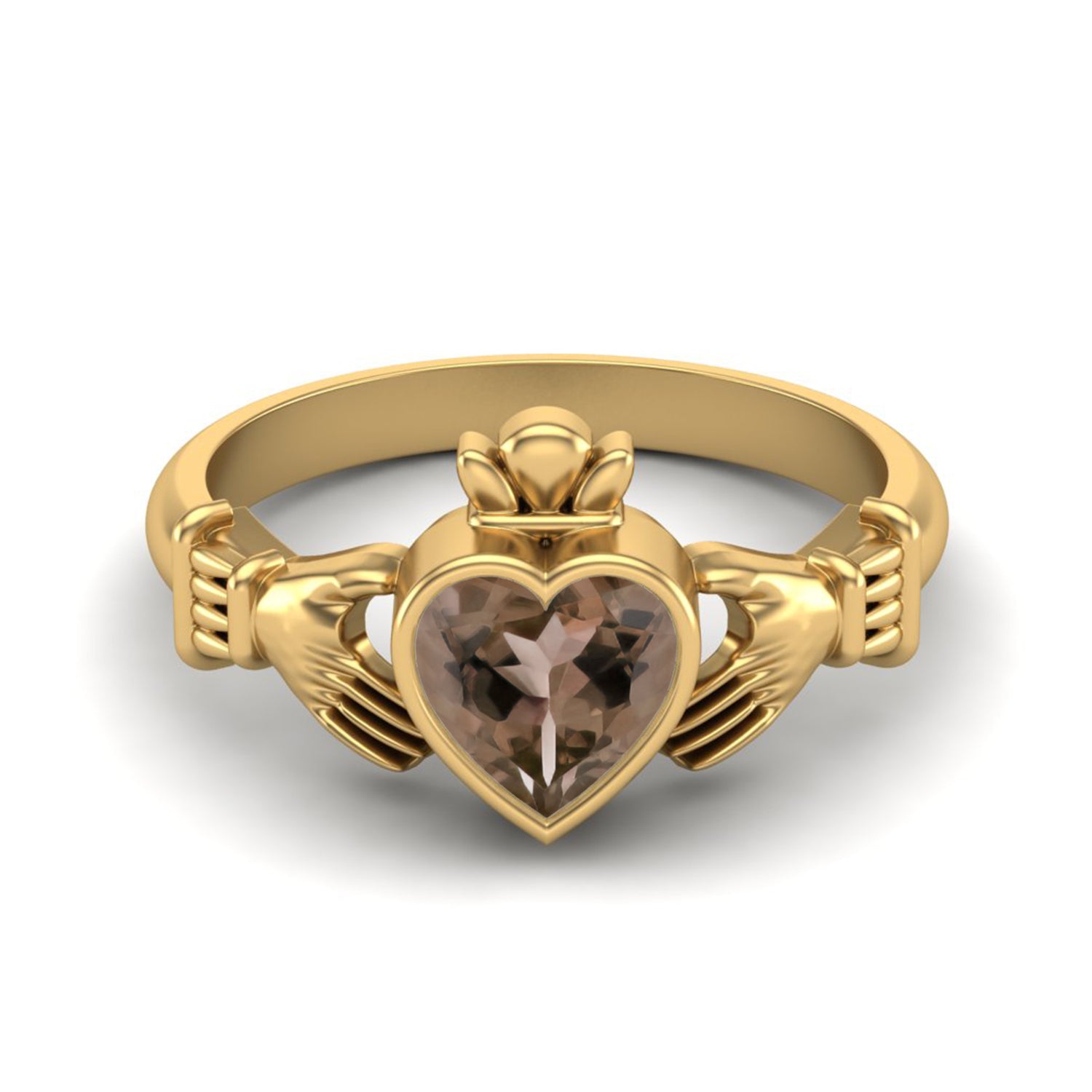 Smoky Quartz 0.75 Ct Heart Shape Claddagh Design Ring – 14K Yellow Gold