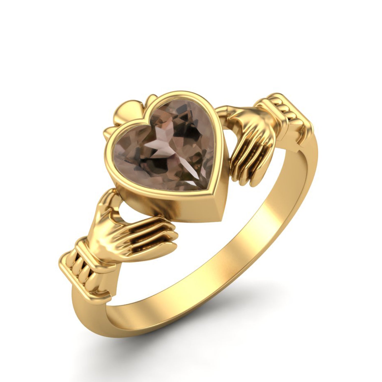 Smoky Quartz 0.75 Ct Heart Shape Claddagh Design Ring – 14K Yellow Gold