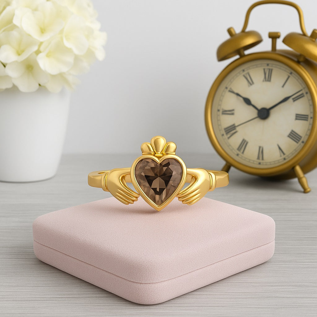 Smoky Quartz 0.75 Ct Heart Shape Claddagh Design Ring – 14K Yellow Gold