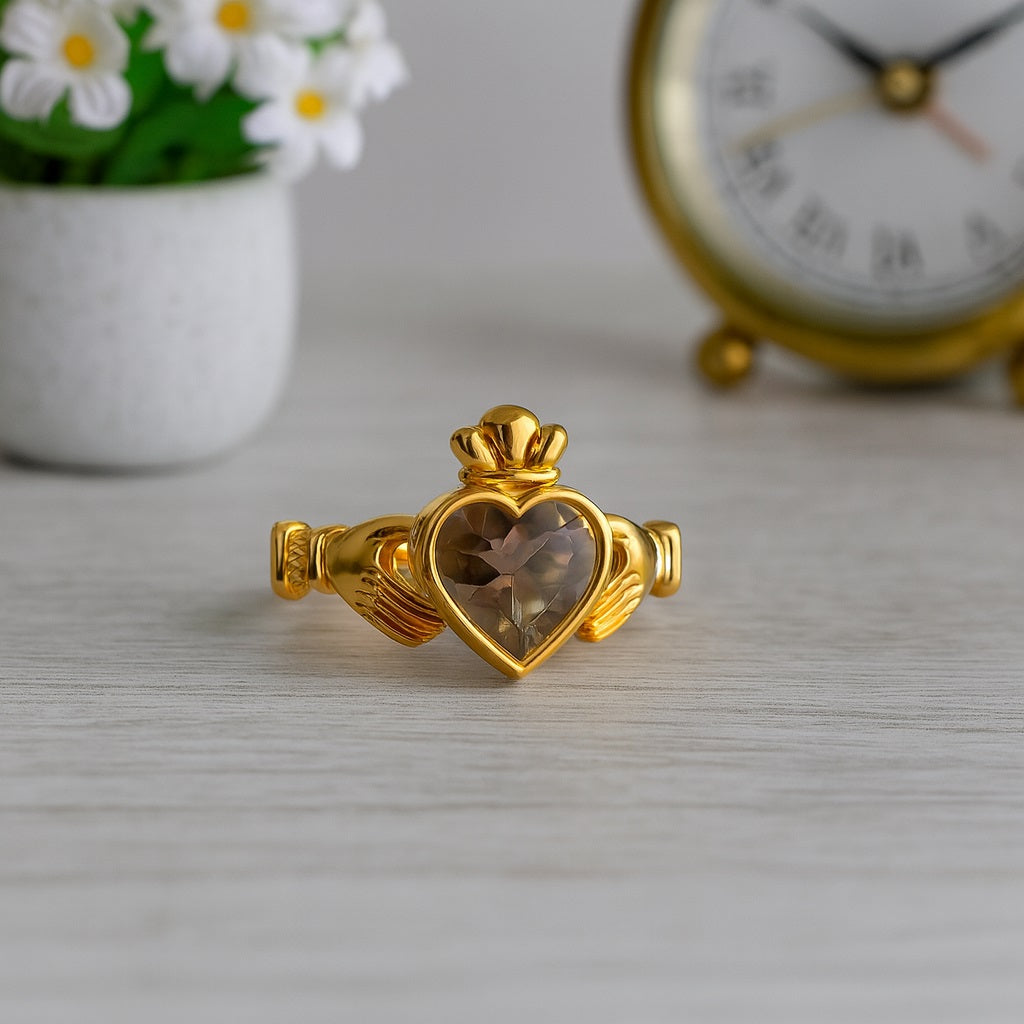 Smoky Quartz 0.75 Ct Heart Shape Claddagh Design Ring – 14K Yellow Gold