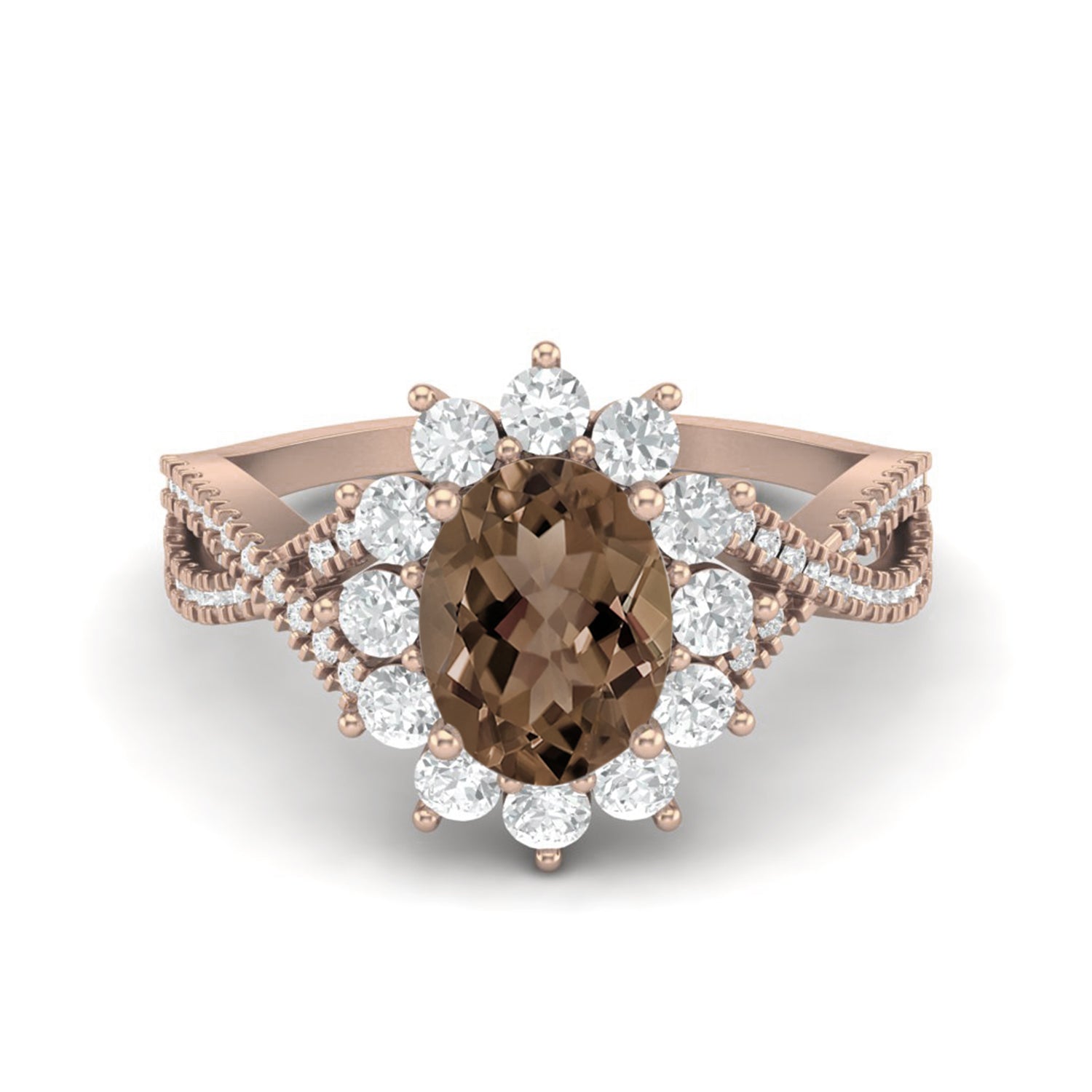 Smoky Quartz 1.50 Ct Oval Halo Split Shank Ring – 14K Yellow Gold