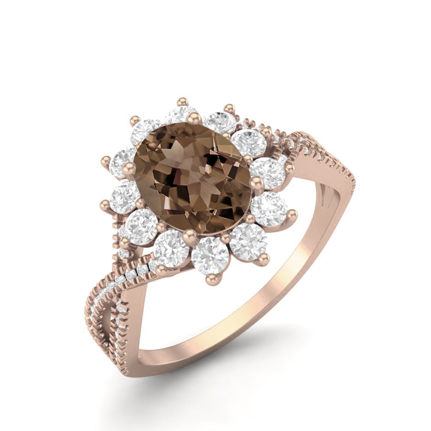 Smoky Quartz 1.50 Ct Oval Halo Split Shank Ring – 14K Yellow Gold