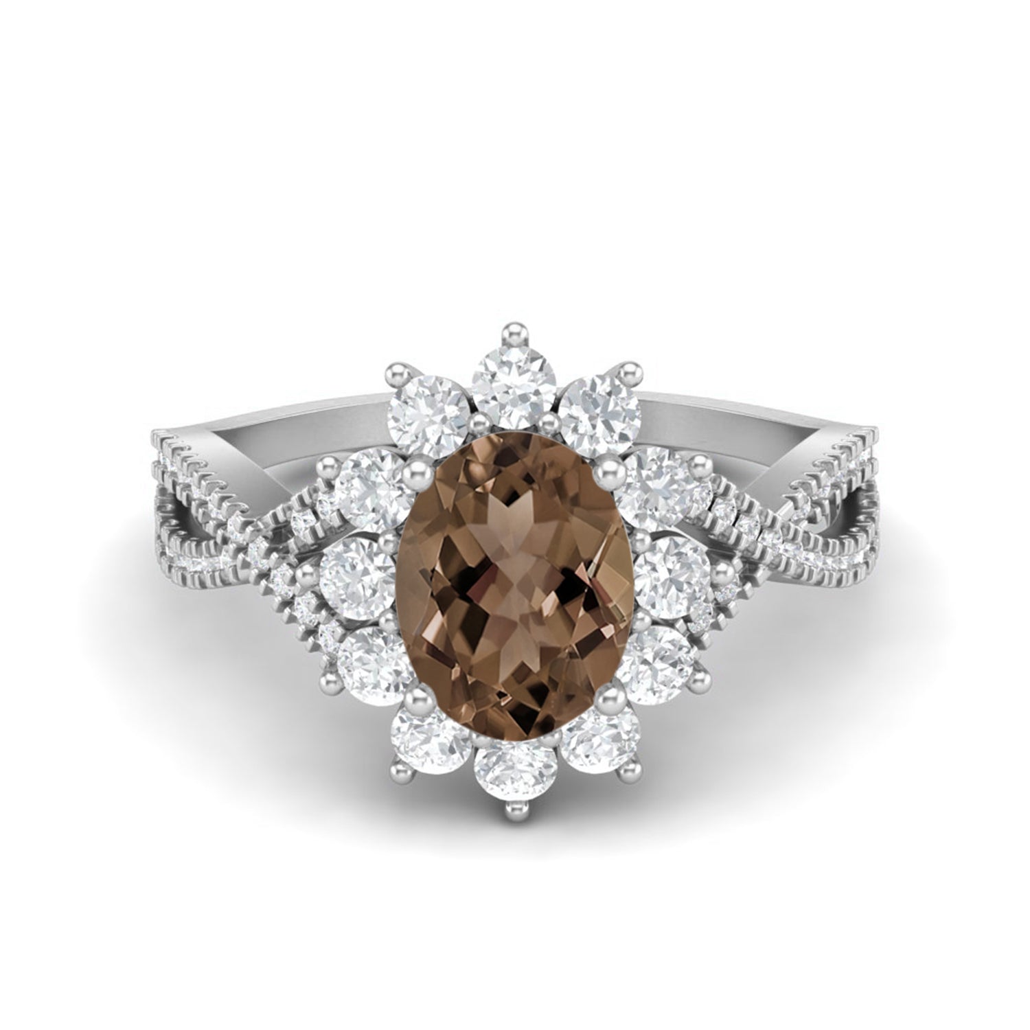 Smoky Quartz 1.50 Ct Oval Halo Split Shank Ring – 14K Yellow Gold