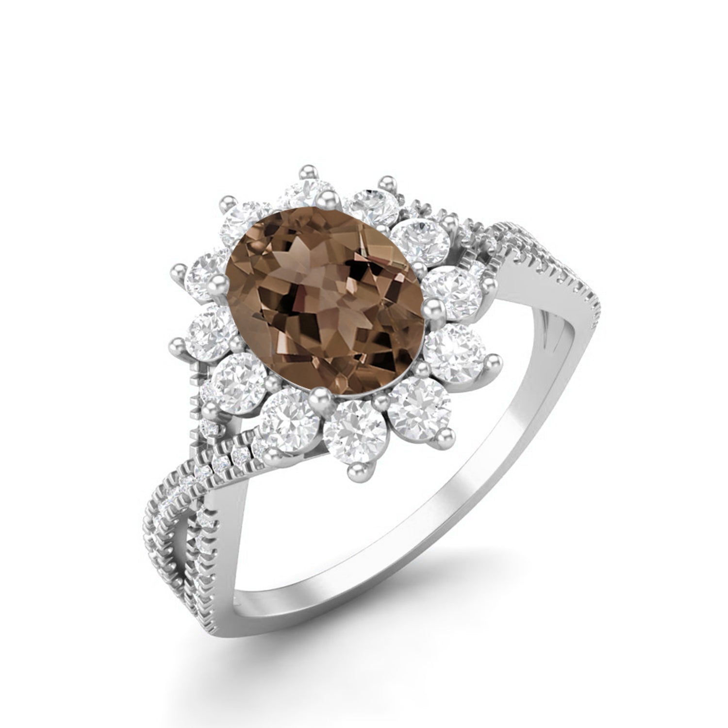 Smoky Quartz 1.50 Ct Oval Halo Split Shank Ring – 14K Yellow Gold