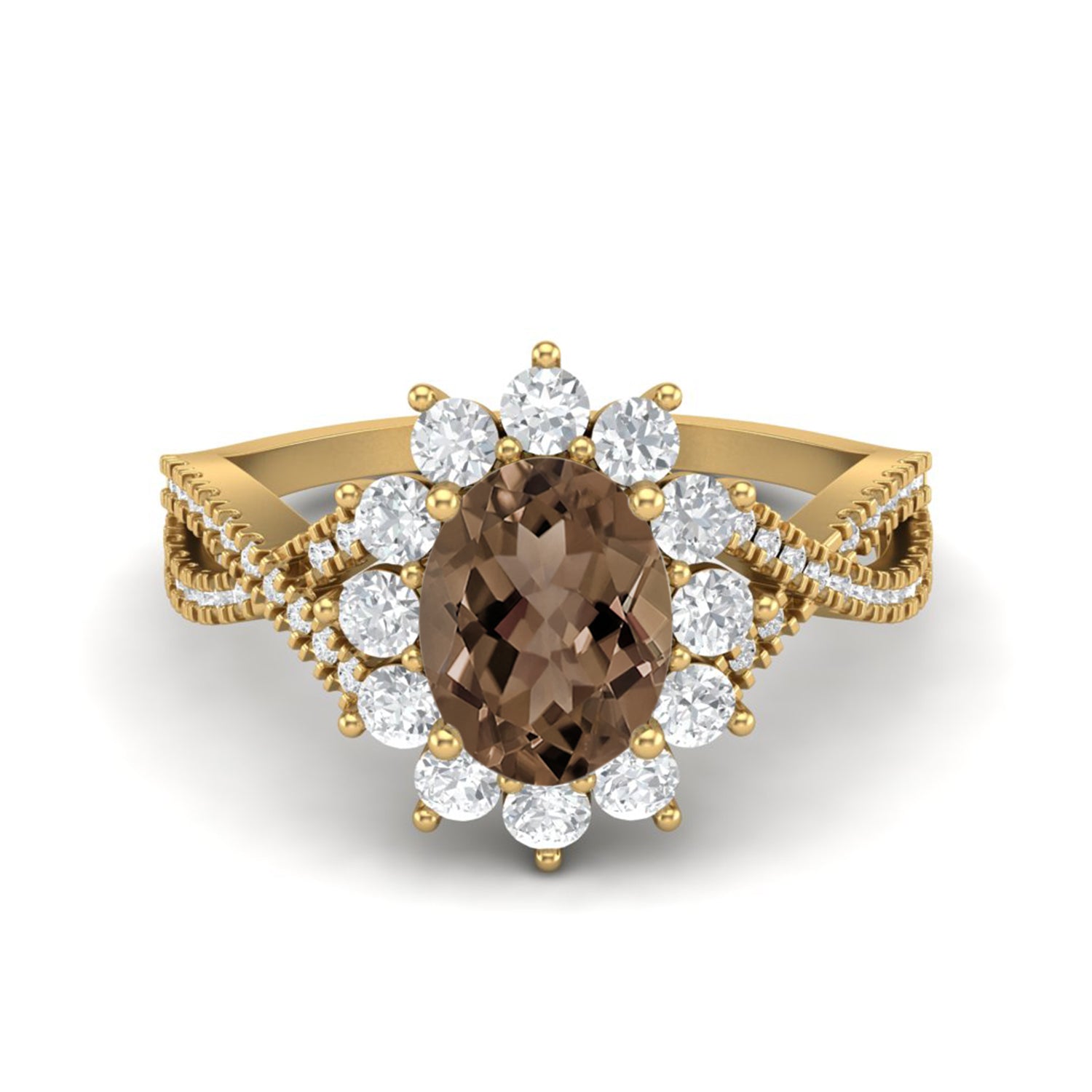 Smoky Quartz 1.50 Ct Oval Halo Split Shank Ring – 14K Yellow Gold