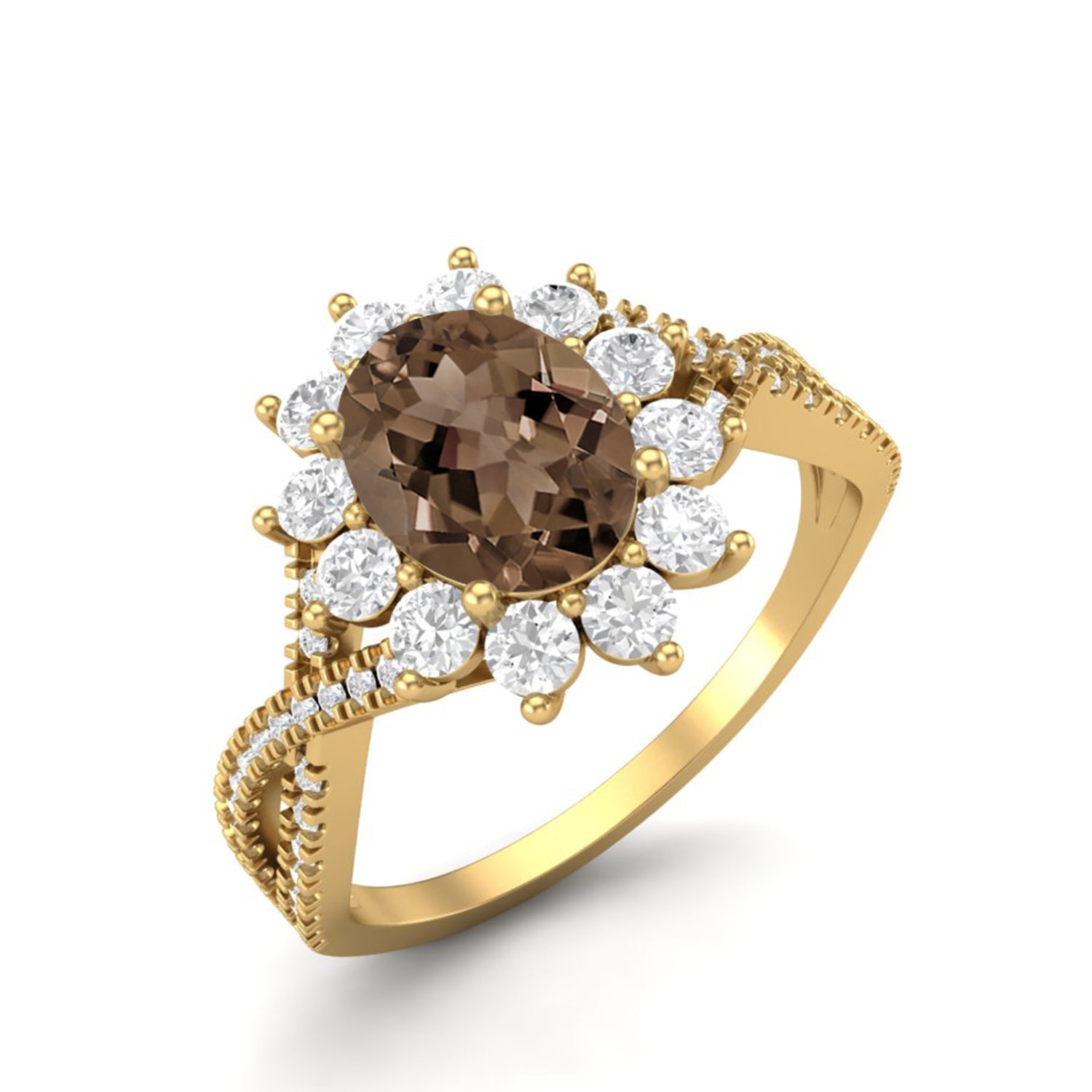 Smoky Quartz 1.50 Ct Oval Halo Split Shank Ring – 14K Yellow Gold