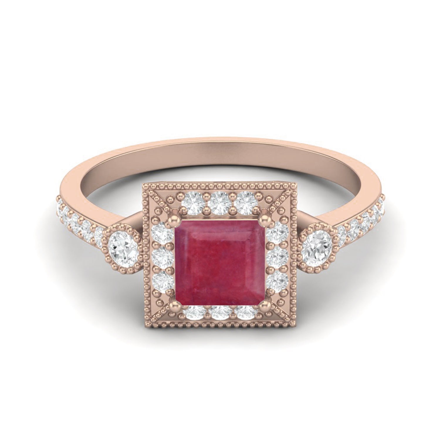 Ruby 0.75 Ct Square Vintage Halo Accent Ring – 14k Yellow Gold