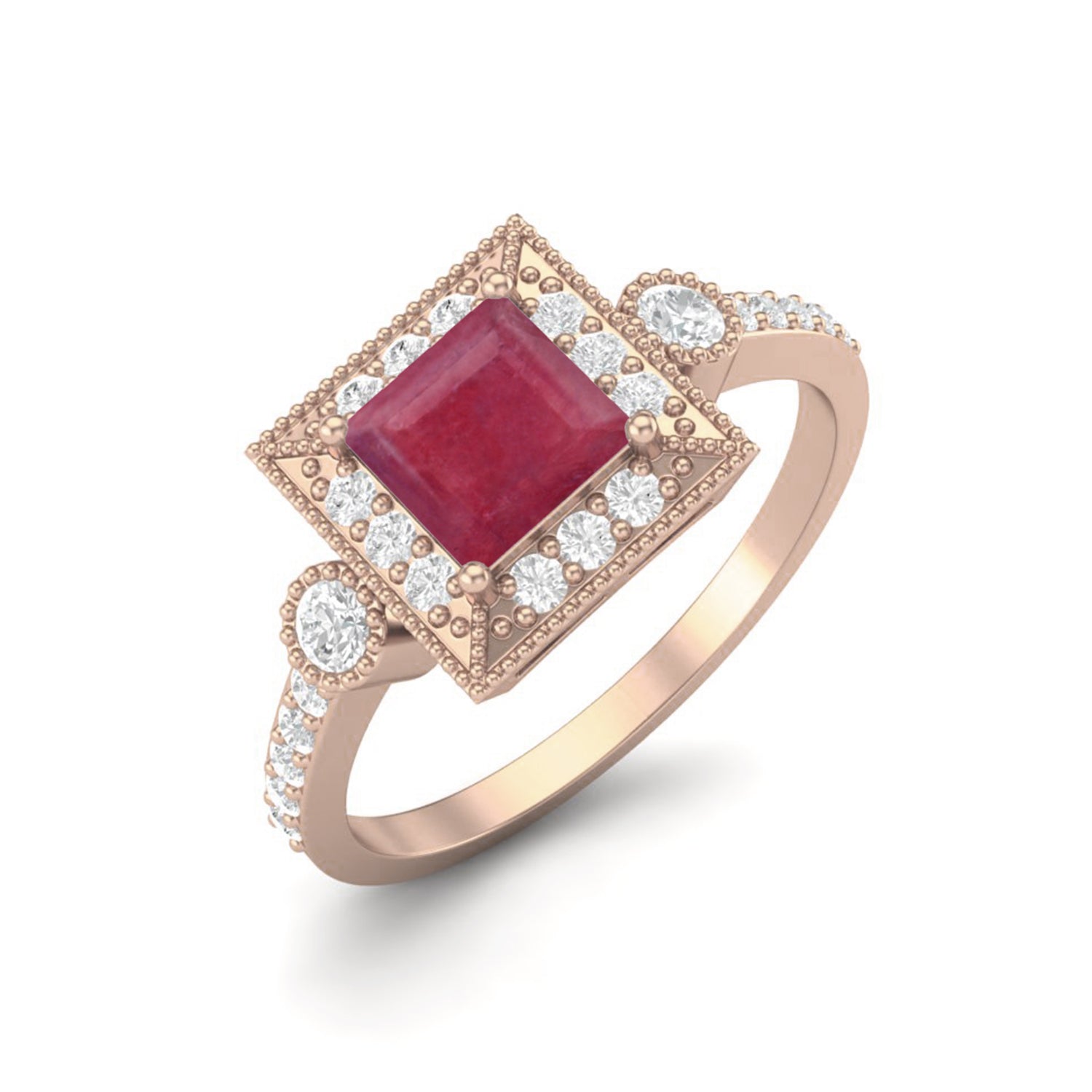 Ruby 0.75 Ct Square Vintage Halo Accent Ring – 14k Yellow Gold