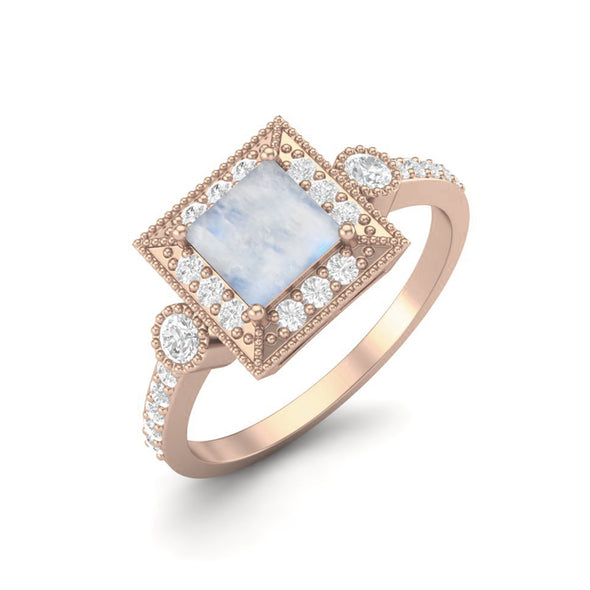 Square Shaped Moonstone Solitaire With Accent Ring 925 Sterling Silver Wedding Ring