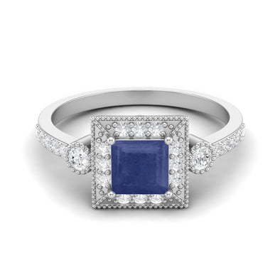 Square Shaped Blue Sapphire Natural Solitaire With Accent 925 Sterling Silver Wedding Ring