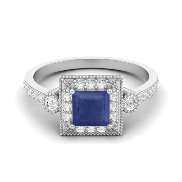 Square Shaped Blue Sapphire Natural Solitaire With Accent 925 Sterling Silver Wedding Ring